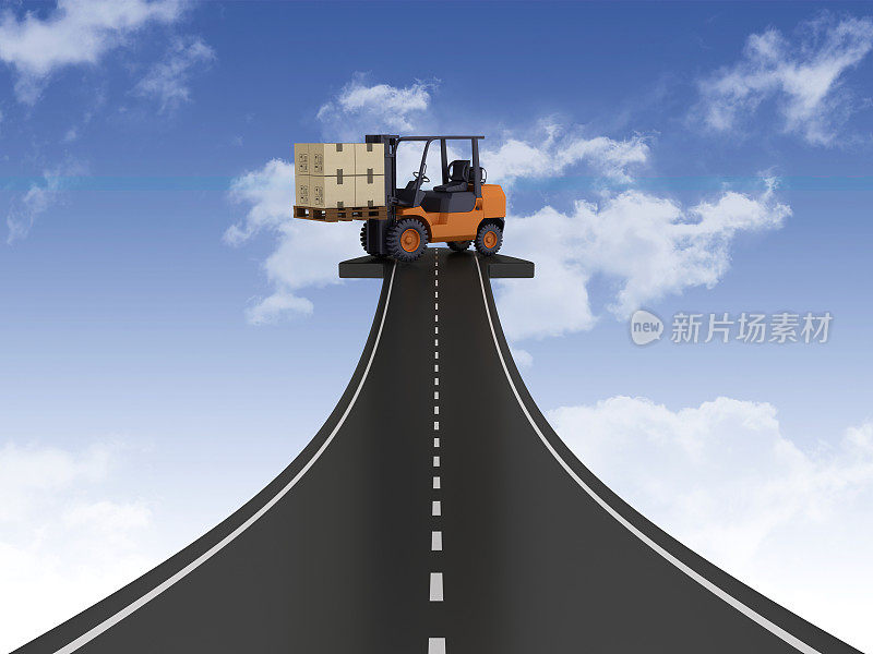 道路箭头与叉车在天空- 3D渲染